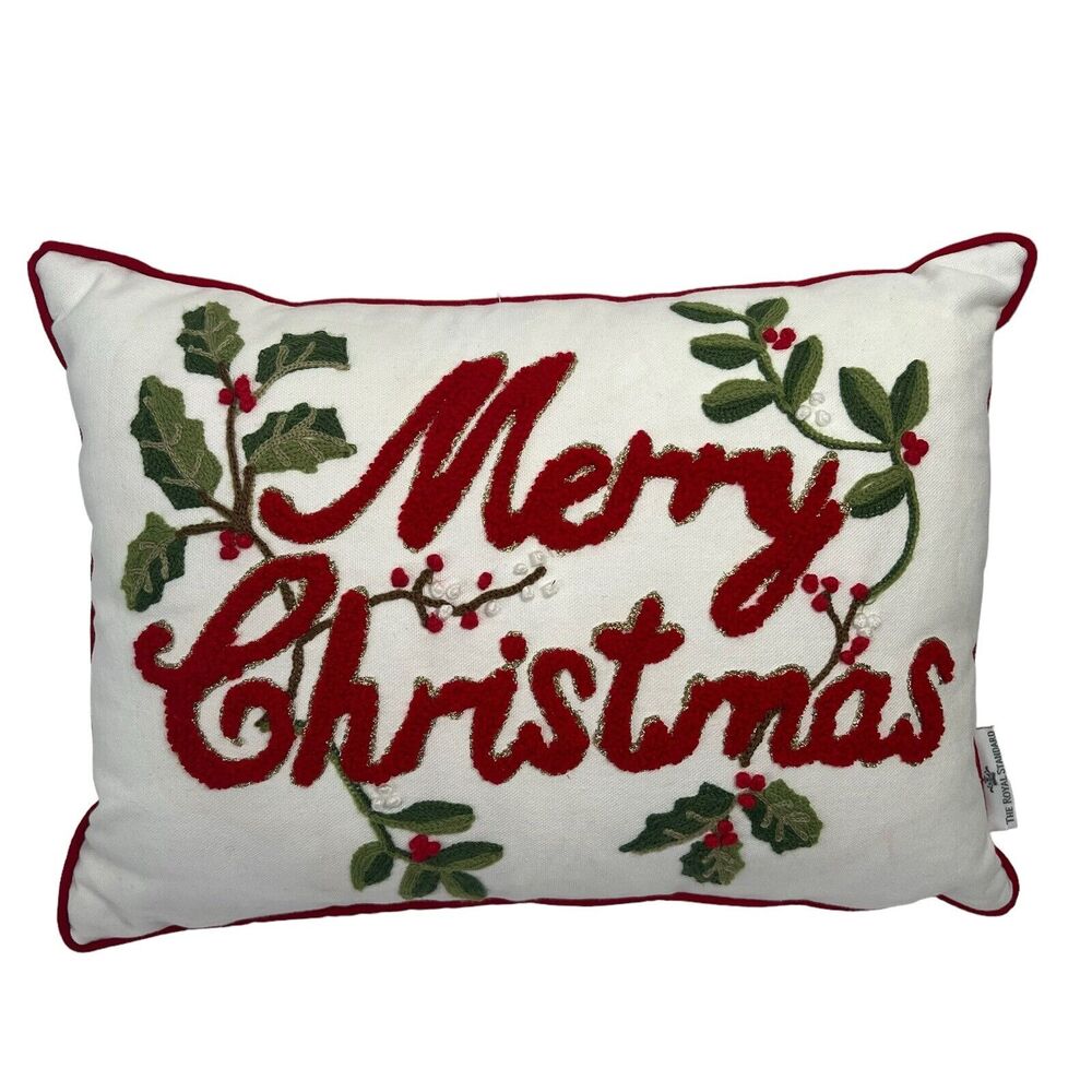 The‎ Royal Standard Merry Christmas Throw Pillow Embroidered Zippered 13 X 18 In